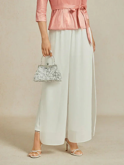 Straight-Leg Pants with Chiffon Split Overlay