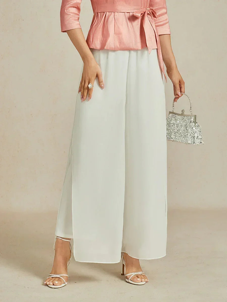 Straight-Leg Pants with Chiffon Split Overlay