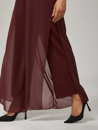 Straight-Leg Pants with Chiffon Split Overlay