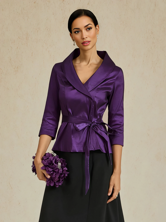Stretch Taffeta Tie-Waist Blouse with 3/4 Sleeves