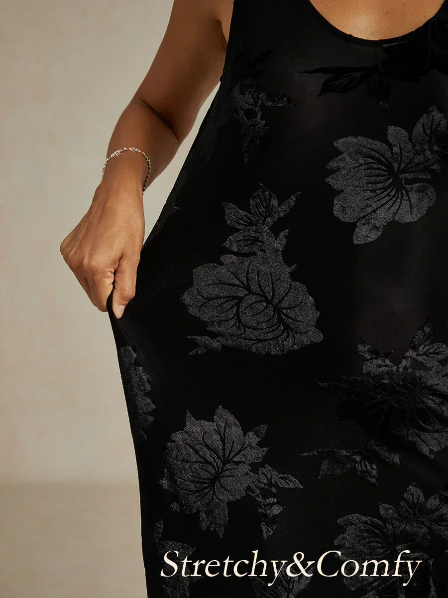 Velvet Floral Evening Gown with Asymmetrical Hem