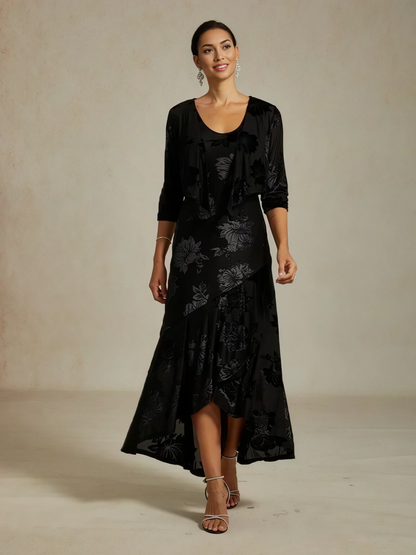 Velvet Floral Evening Gown with Asymmetrical Hem