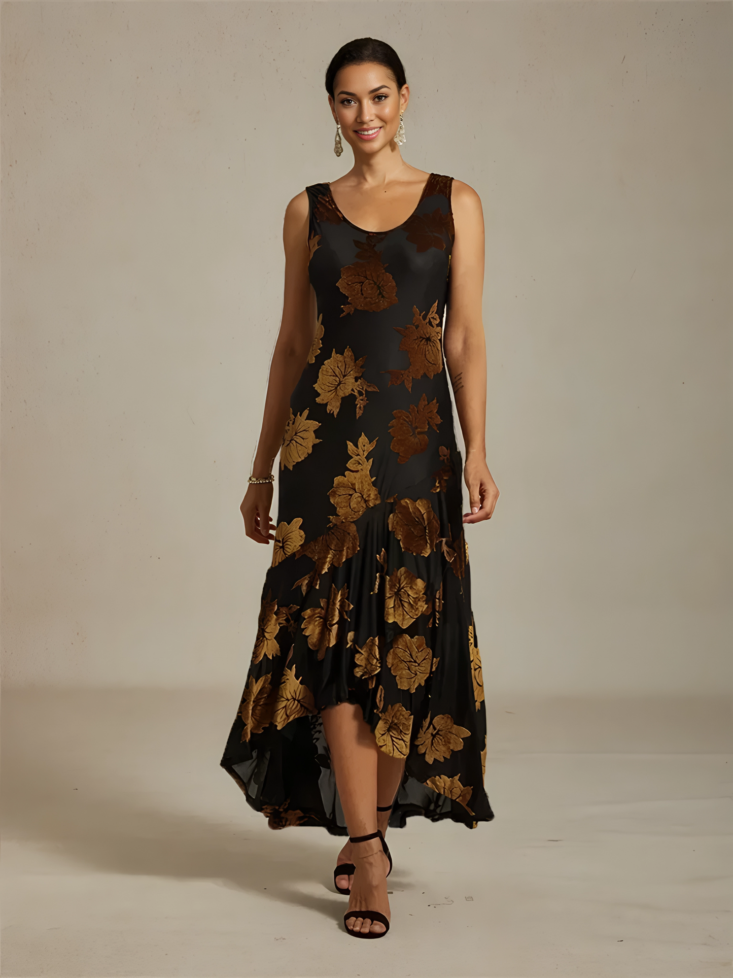 Velvet Floral Evening Gown with Asymmetrical Hem