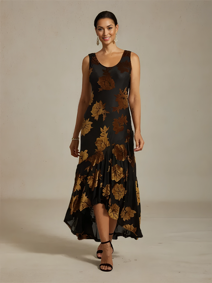 Velvet Floral Evening Gown with Asymmetrical Hem