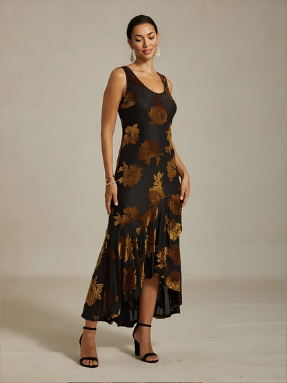 Velvet Floral Evening Gown with Asymmetrical Hem