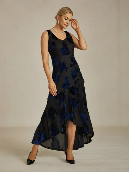 Velvet Floral Evening Gown with Asymmetrical Hem