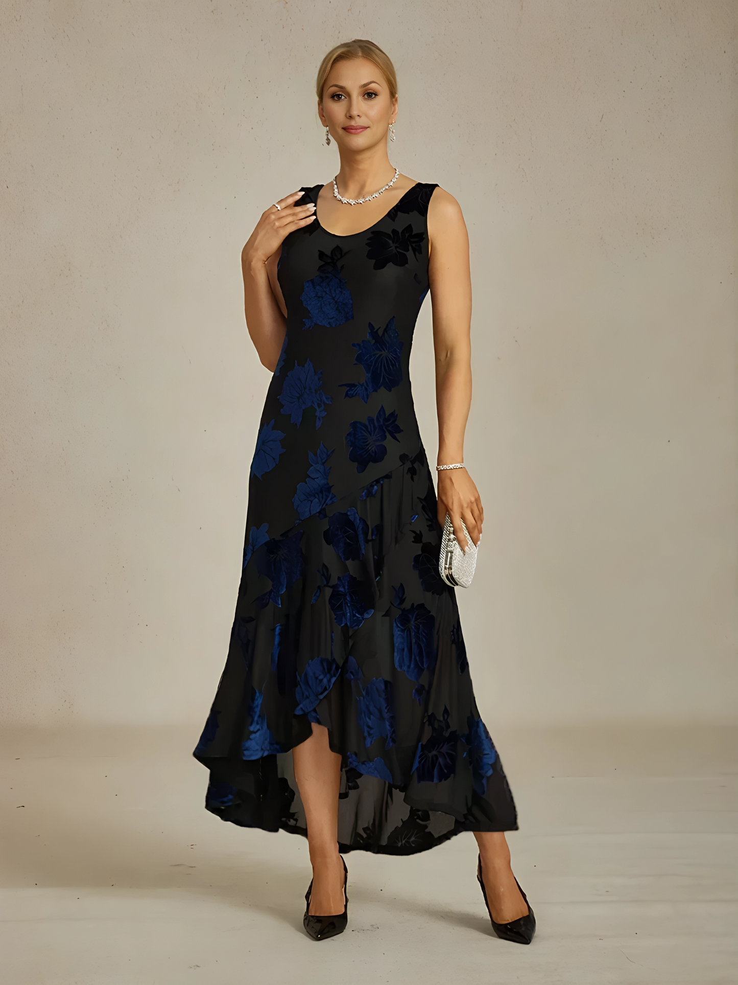Velvet Floral Evening Gown with Asymmetrical Hem
