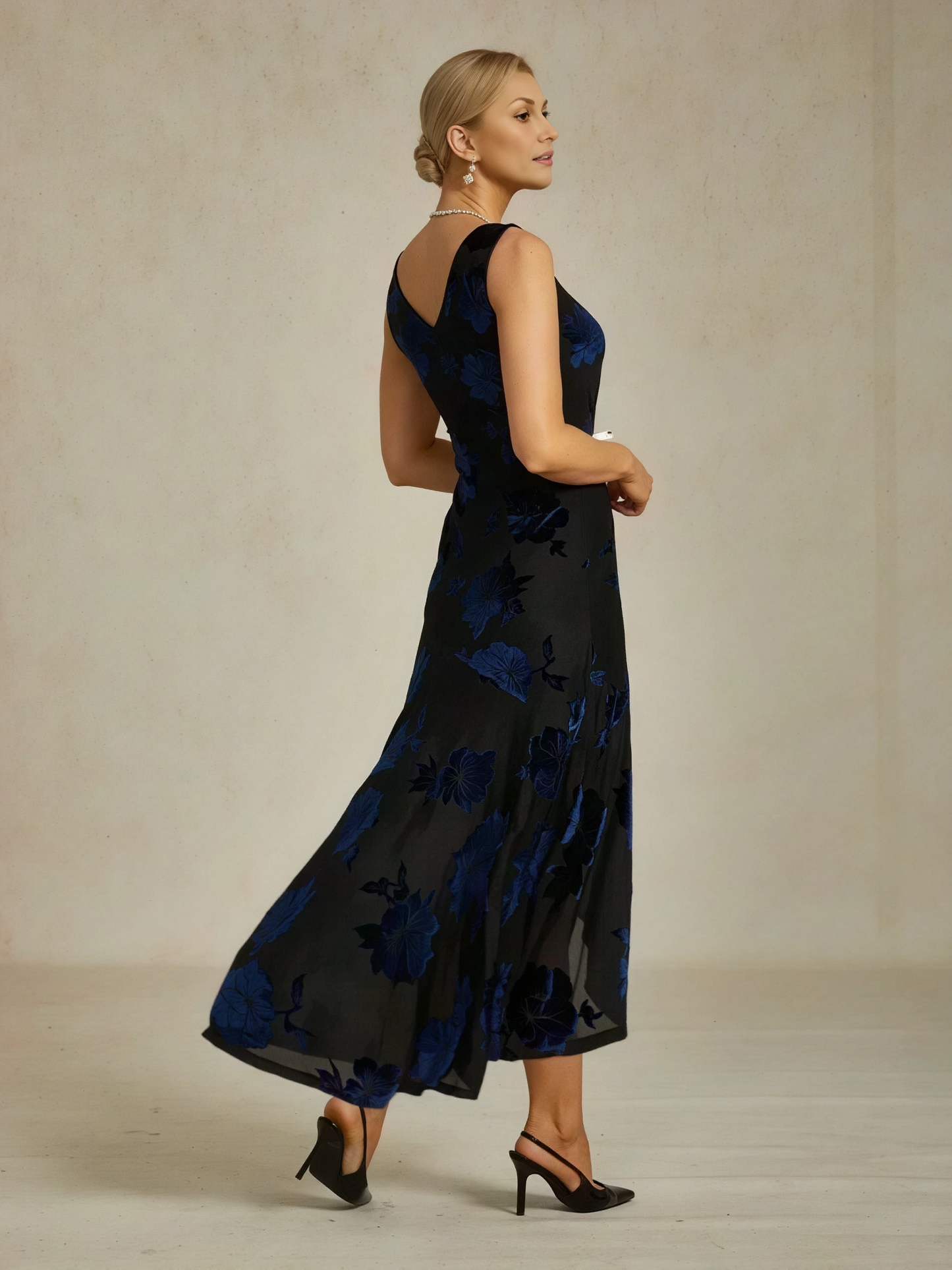 Velvet Floral Evening Gown with Asymmetrical Hem