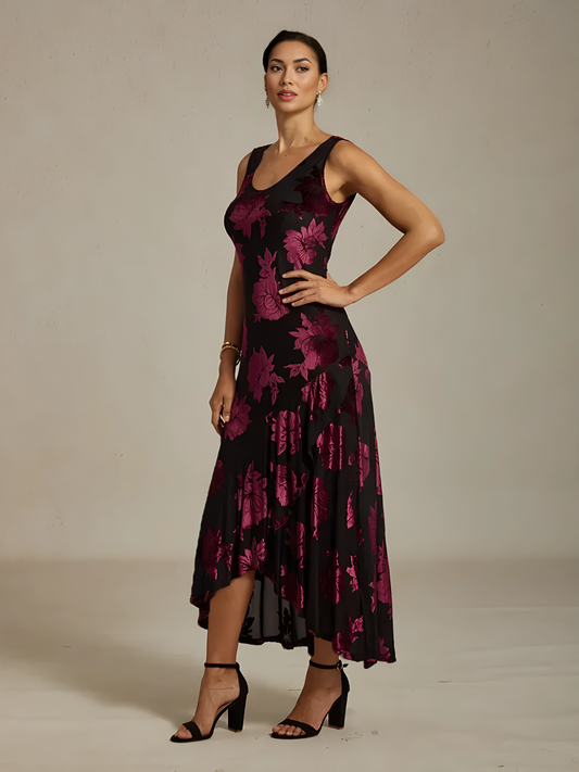 Velvet Floral Evening Gown with Asymmetrical Hem