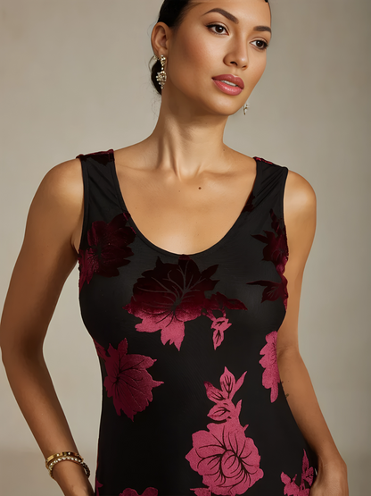 Velvet Floral Evening Gown with Asymmetrical Hem
