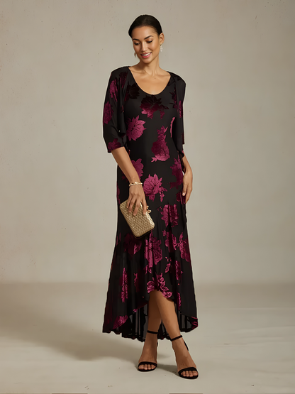 Velvet Floral Evening Gown with Asymmetrical Hem
